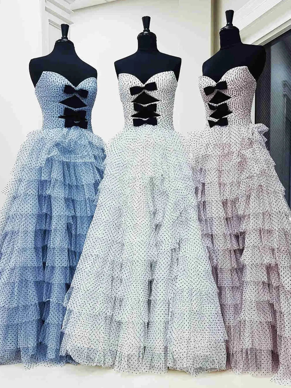Strapless Dotted Tulle Prom Dresses with Slit Ruffled Bow Tie Formal Dresses - FD3701-prom dresses 2025 -Viniodress-Blue-Custom Size-