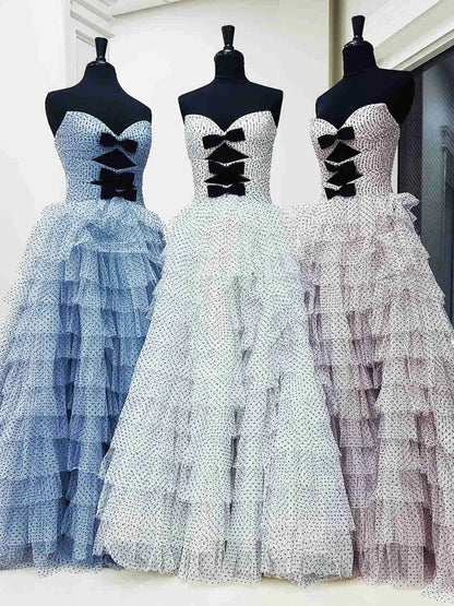 Strapless Dotted Tulle Prom Dresses with Slit Ruffled Bow Tie Formal Dresses - FD3701-prom dresses 2025 -Viniodress-Blue-Custom Size-