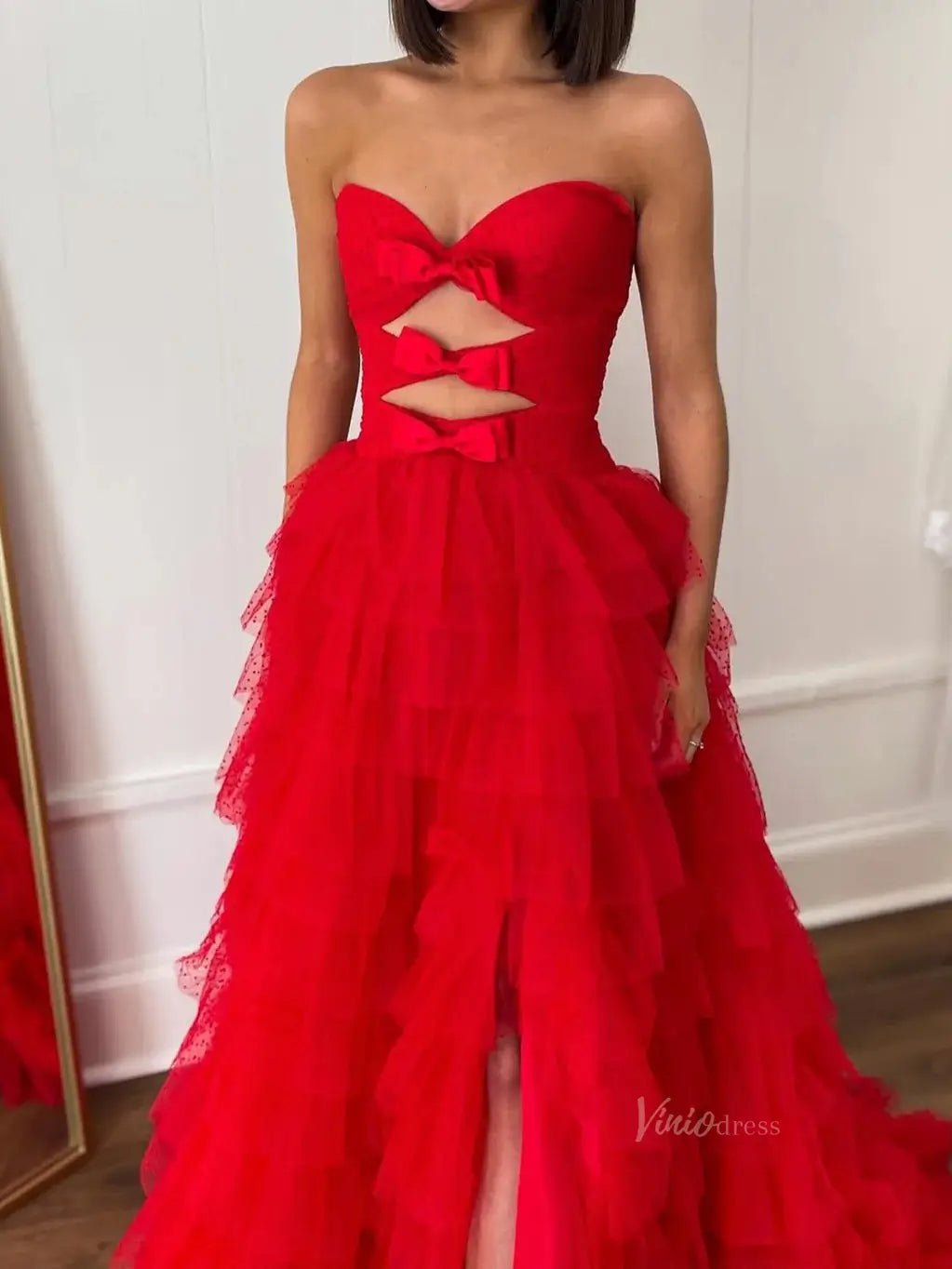 Strapless Dotted Tulle Prom Dresses with Slit Ruffled Bow Tie Formal Dresses - FD3701-prom dresses 2025 -Viniodress-Blue-Custom Size-