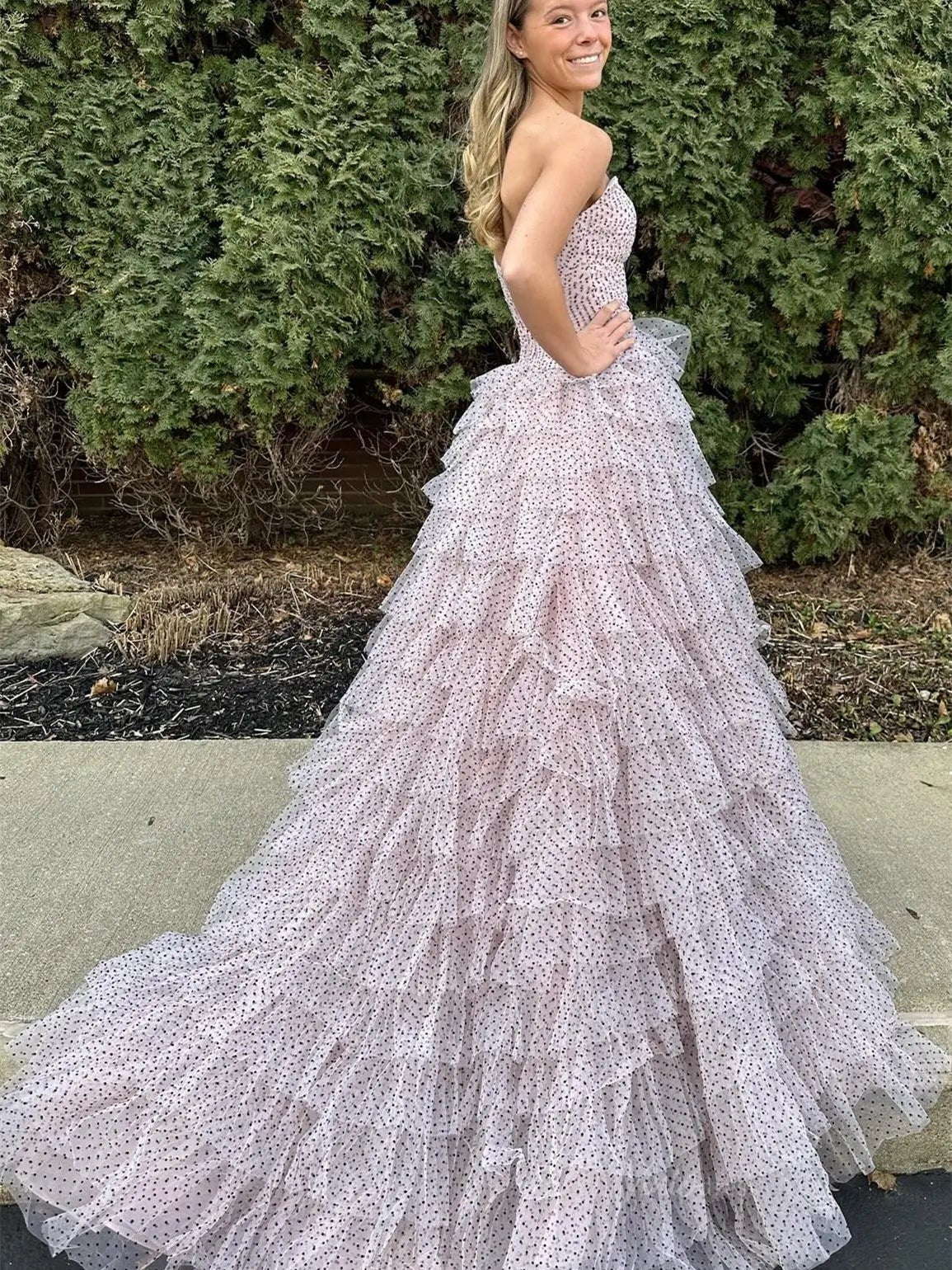 Strapless Dotted Tulle Prom Dresses with Slit Ruffled Bow Tie Formal Dresses - FD3701-prom dresses 2025 -Viniodress-Blue-Custom Size-