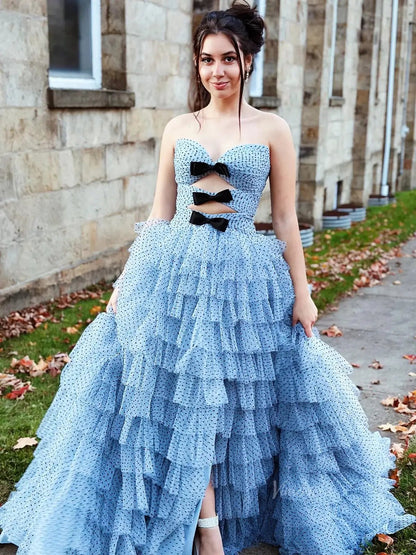 Strapless Dotted Tulle Prom Dresses with Slit Ruffled Bow Tie Formal Dresses - FD3701-prom dresses 2025 -Viniodress-Blue-Custom Size-