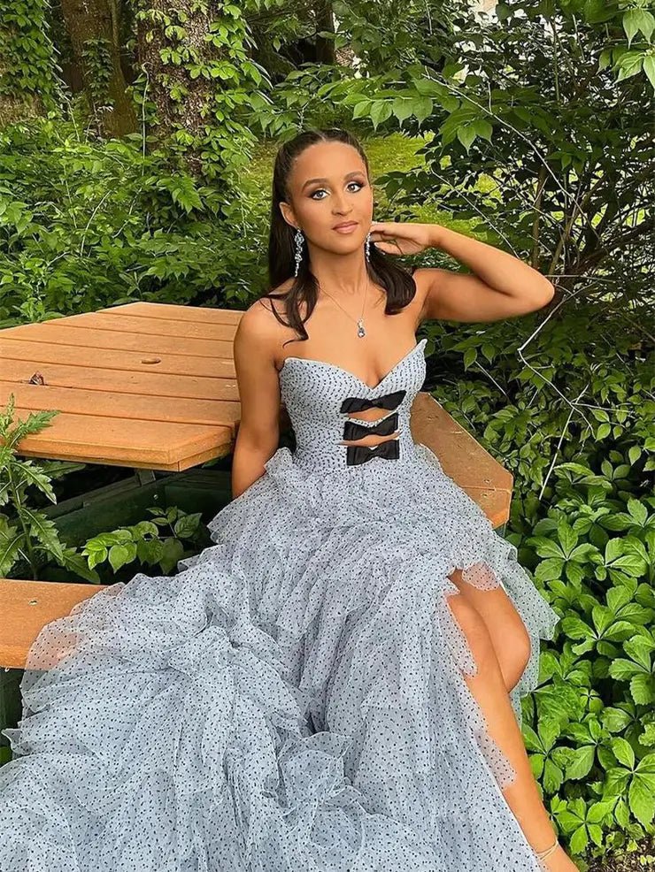 Strapless Dotted Tulle Prom Dresses with Slit Ruffled Bow Tie Formal Dresses - FD3701-prom dresses 2025 -Viniodress-Blue-Custom Size-