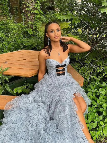 Strapless Dotted Tulle Prom Dresses with Slit Ruffled Bow Tie Formal Dresses - FD3701-prom dresses 2025 -Viniodress-Blue-Custom Size-