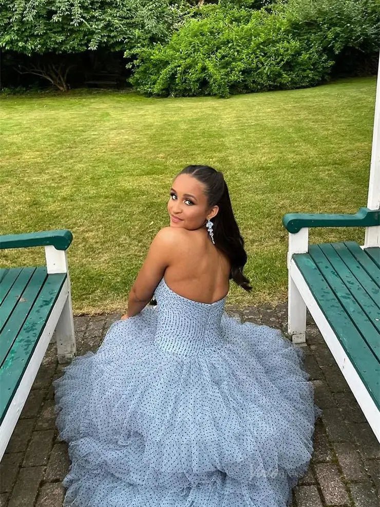 Strapless Dotted Tulle Prom Dresses with Slit Ruffled Bow Tie Formal Dresses - FD3701-prom dresses 2025 -Viniodress-Blue-Custom Size-