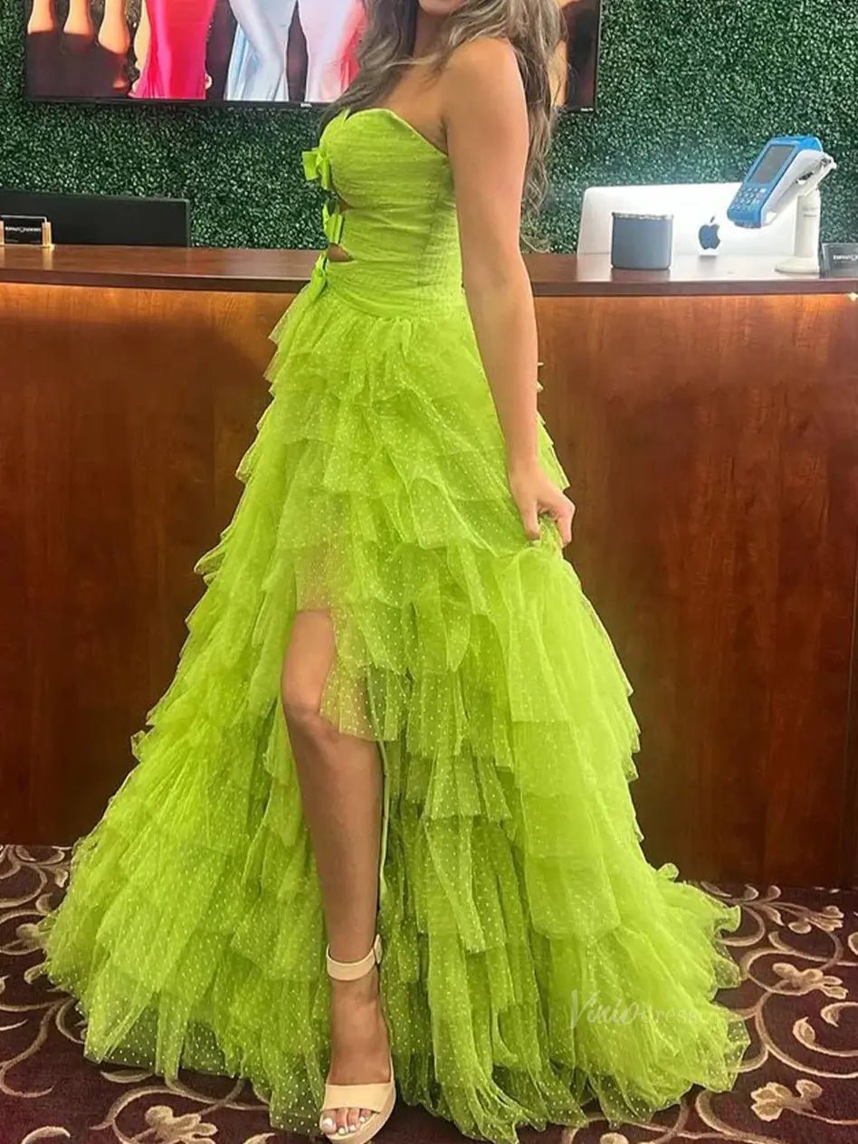 Strapless Dotted Tulle Prom Dresses with Slit Ruffled Bow Tie Formal Dresses - FD3701-prom dresses 2025 -Viniodress-Blue-Custom Size-