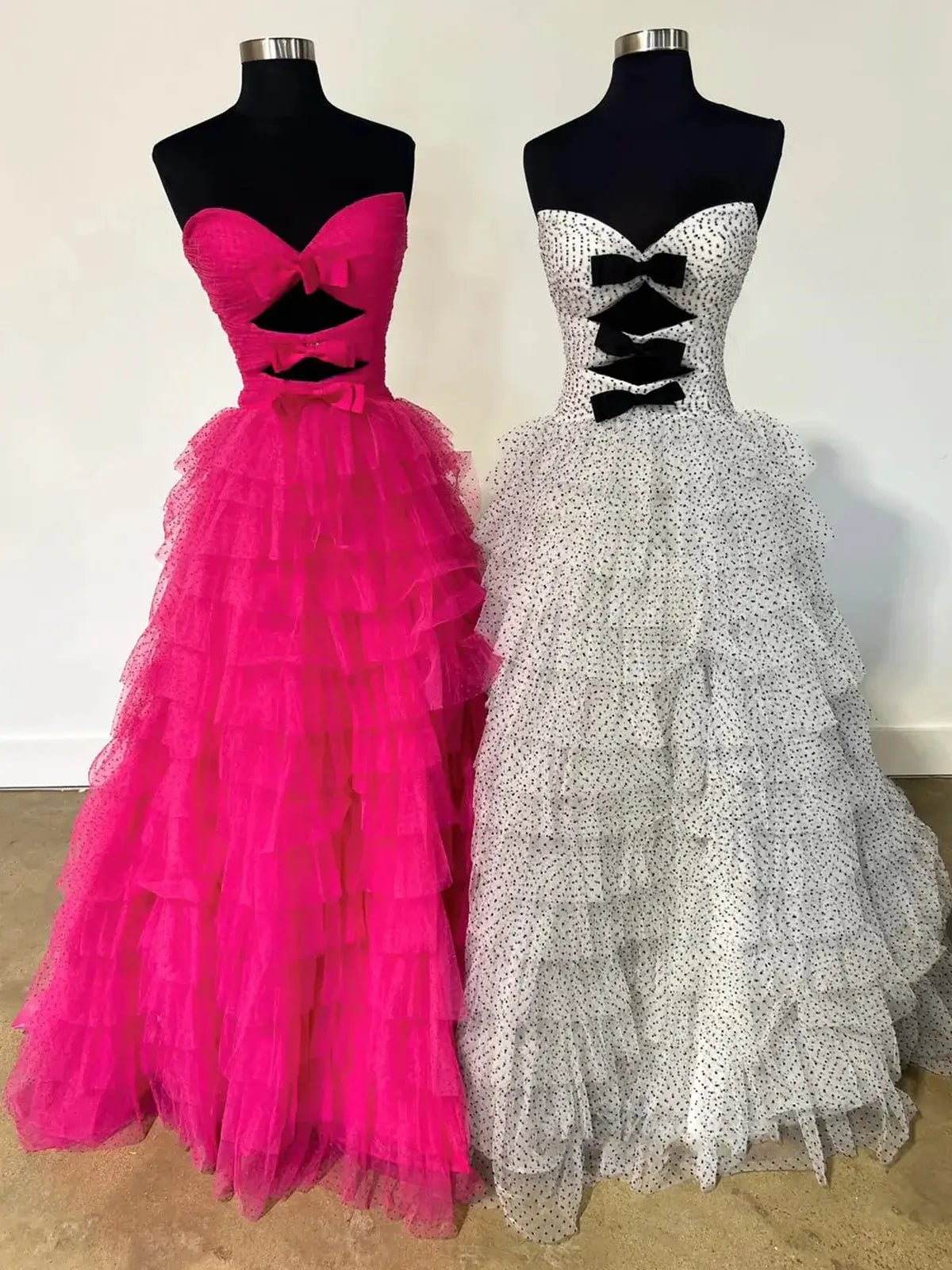 Strapless Dotted Tulle Prom Dresses with Slit Ruffled Bow Tie Formal Dresses - FD3701-prom dresses 2025 -Viniodress-Blue-Custom Size-