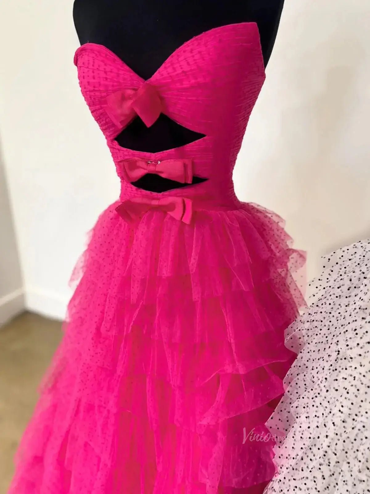 Strapless Dotted Tulle Prom Dresses with Slit Ruffled Bow Tie Formal Dresses - FD3701-prom dresses 2025 -Viniodress-Blue-Custom Size-