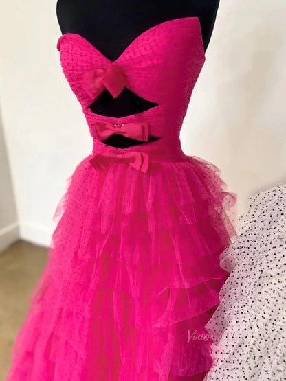 Strapless Dotted Tulle Prom Dresses with Slit Ruffled Bow Tie Formal Dresses - FD3701-prom dresses 2025 -Viniodress-Blue-Custom Size-