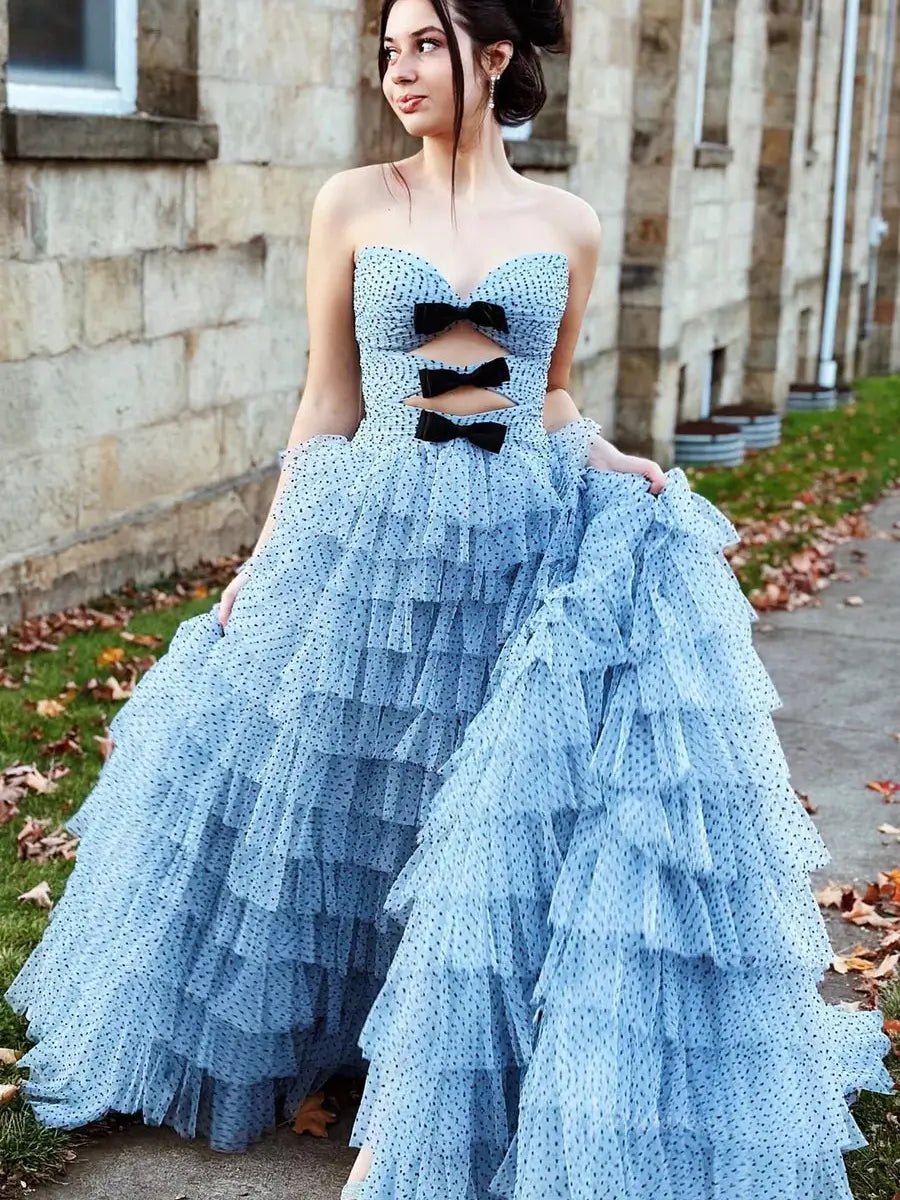 Strapless Dotted Tulle Prom Dresses with Slit Ruffled Bow Tie Formal Dresses - FD3701-prom dresses 2025 -Viniodress-Blue-Custom Size-