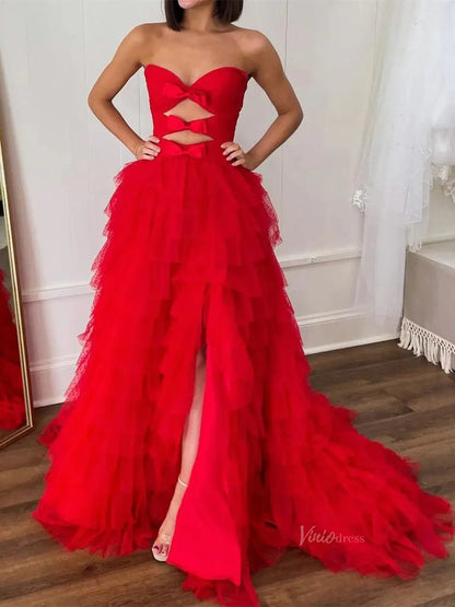 Strapless Dotted Tulle Prom Dresses with Slit Ruffled Bow Tie Formal Dresses - FD3701-prom dresses 2025 -Viniodress-Blue-Custom Size-