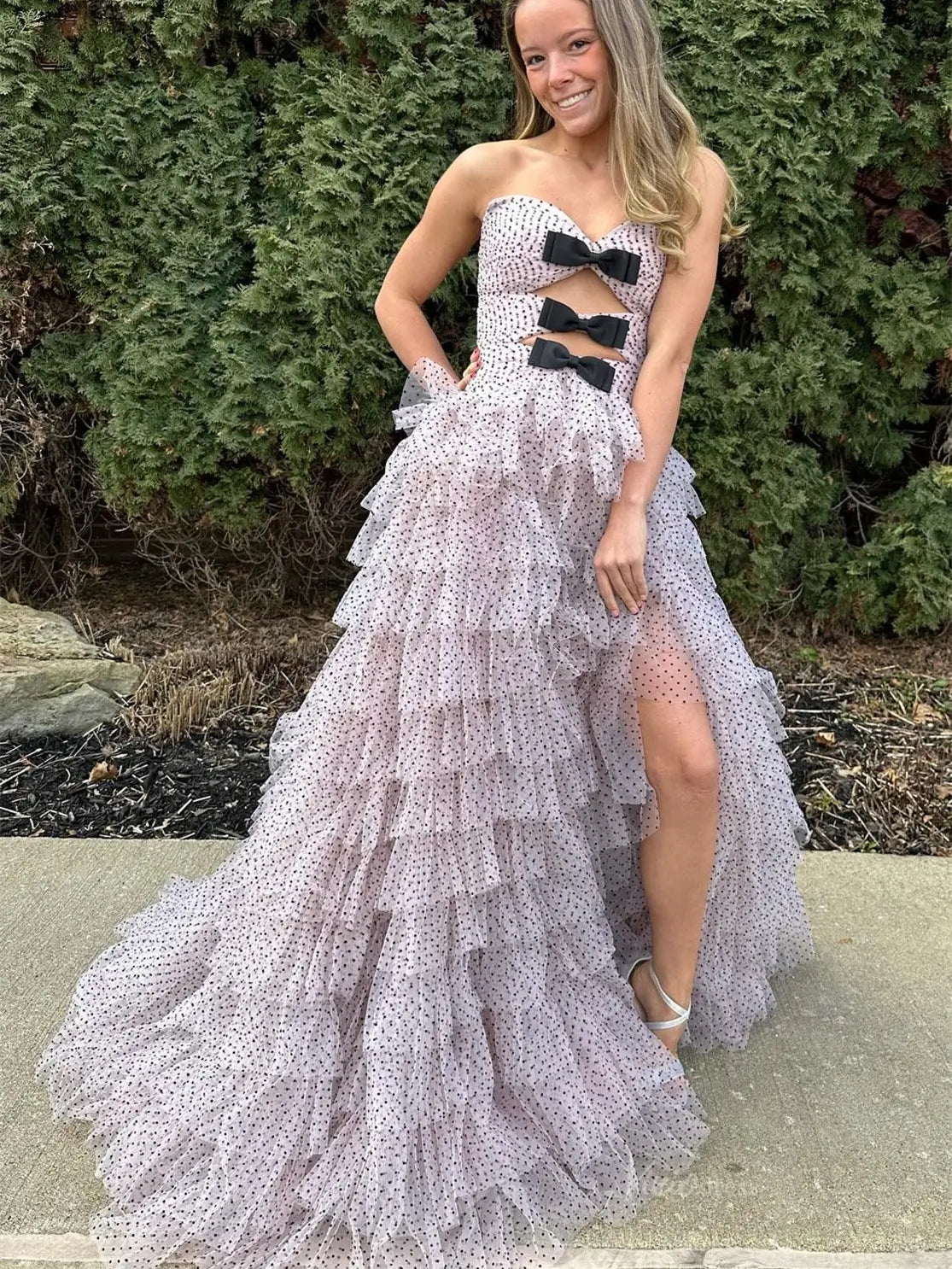 prom dresses 2025 Strapless Dotted Tulle Prom Dresses with Slit Ruffled Bow Tie Formal Dresses - FD3701-plus size wedding dresses Viniodress-Blue-Custom Size-