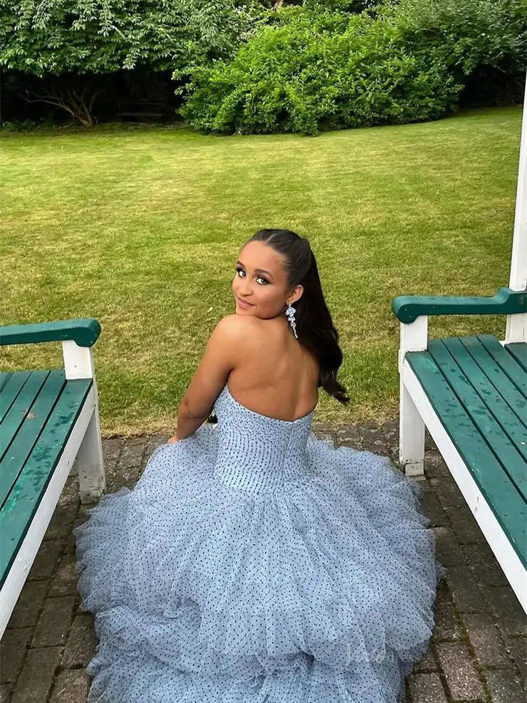 prom dresses 2025 Strapless Dotted Tulle Prom Dresses with Slit Ruffled Bow Tie Formal Dresses - FD3701-plus size wedding dresses Viniodress-Blue-Custom Size-