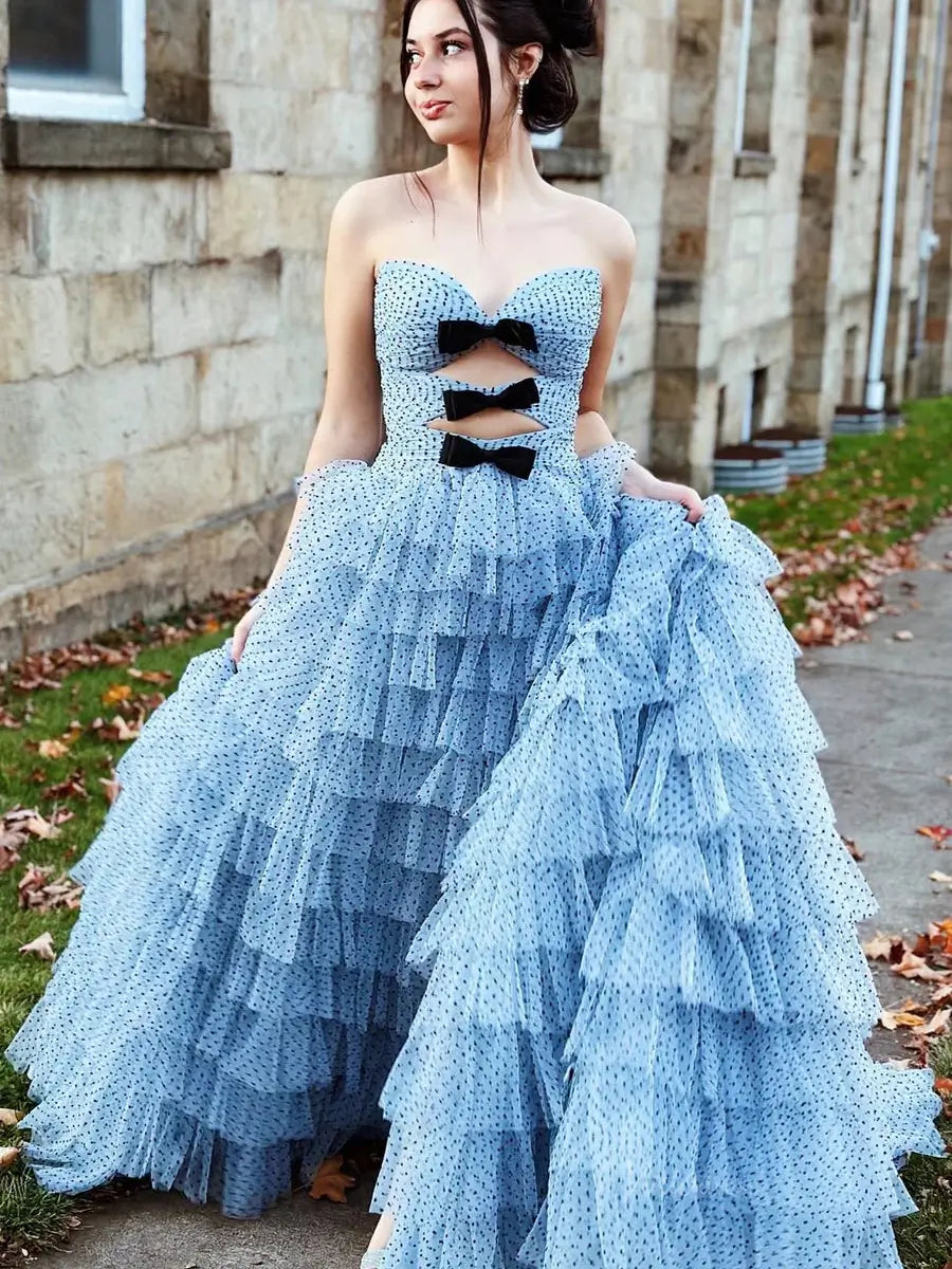 prom dresses 2025 Strapless Dotted Tulle Prom Dresses with Slit Ruffled Bow Tie Formal Dresses - FD3701-plus size wedding dresses Viniodress-Blue-Custom Size-