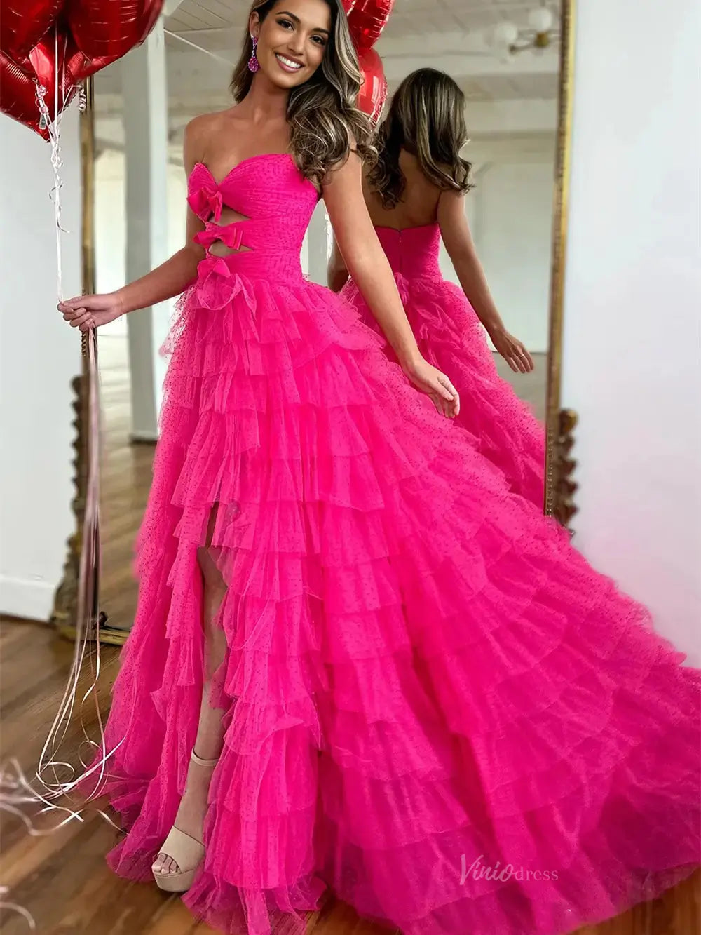 prom dresses 2025 Strapless Dotted Tulle Prom Dresses with Slit Ruffled Bow Tie Formal Dresses - FD3701-plus size wedding dresses Viniodress-Fuchsia-Custom Size-