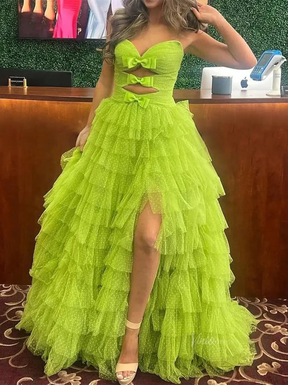 prom dresses 2025 Strapless Dotted Tulle Prom Dresses with Slit Ruffled Bow Tie Formal Dresses - FD3701-plus size wedding dresses Viniodress-Green-Custom Size-