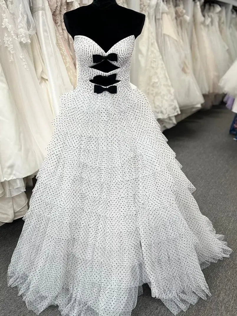 prom dresses 2025 Strapless Dotted Tulle Prom Dresses with Slit Ruffled Bow Tie Formal Dresses - FD3701-plus size wedding dresses Viniodress-Ivory-Custom Size-