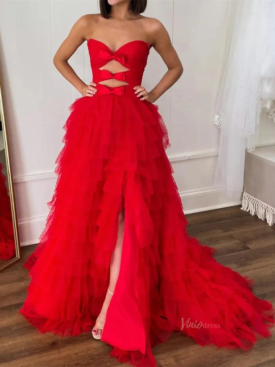 prom dresses 2025 Strapless Dotted Tulle Prom Dresses with Slit Ruffled Bow Tie Formal Dresses - FD3701-plus size wedding dresses Viniodress-Red-Custom Size-