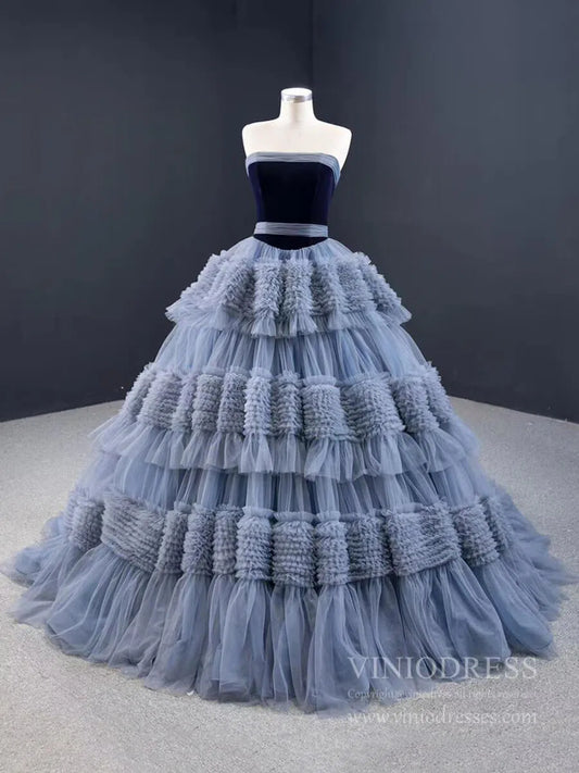 Strapless Dusty Blue Blue Quince Dress Tiered Ruffle Ball Gown Sweet 16 Dress 67119 viniodress-Quinceanera Dresses 2025 -Viniodress-Dusty Blue-Custom Size-