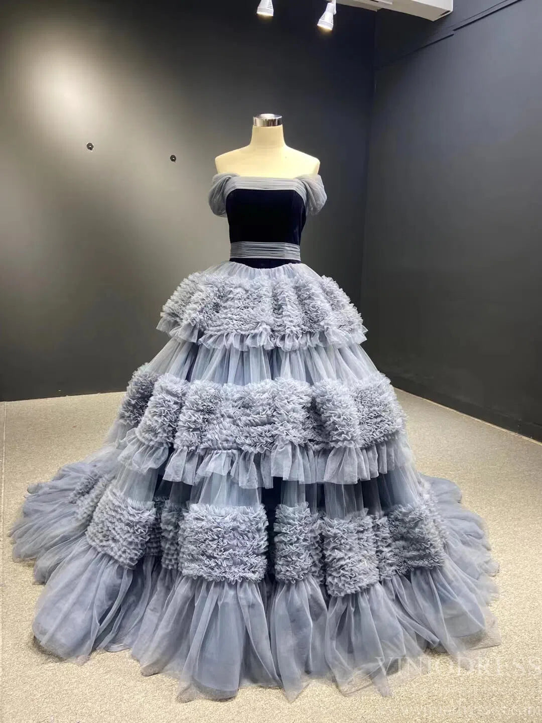 Strapless Dusty Blue Blue Quince Dress Tiered Ruffle Ball Gown Sweet 16 Dress 67119 viniodress-Quinceanera Dresses 2025 -Viniodress-Dusty Blue-Custom Size-