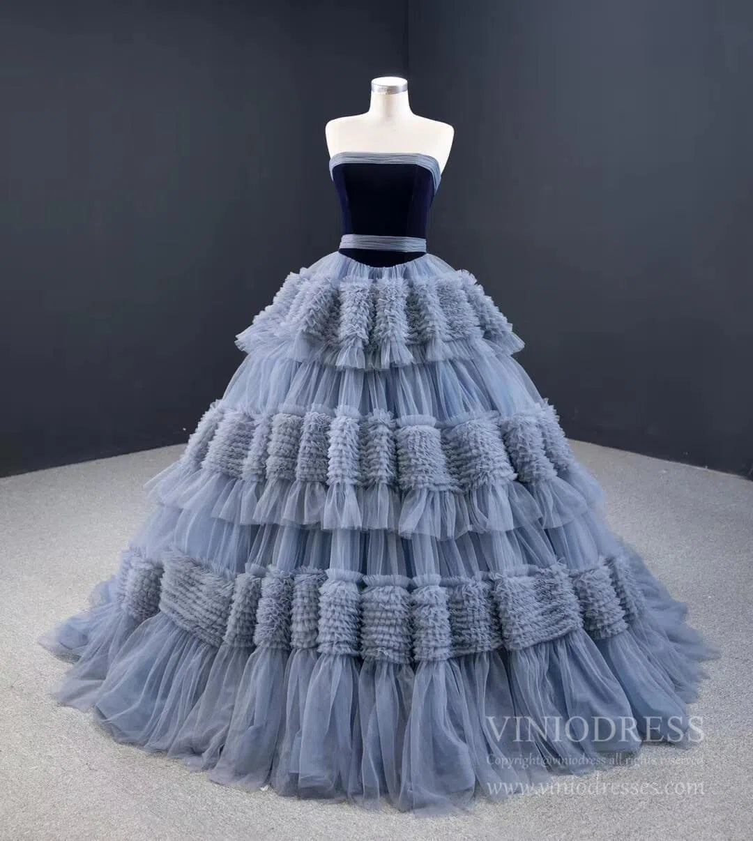 Strapless Dusty Blue Blue Quince Dress Tiered Ruffle Ball Gown Sweet 16 Dress 67119 viniodress-Quinceanera Dresses 2025 -Viniodress-Dusty Blue-Custom Size-