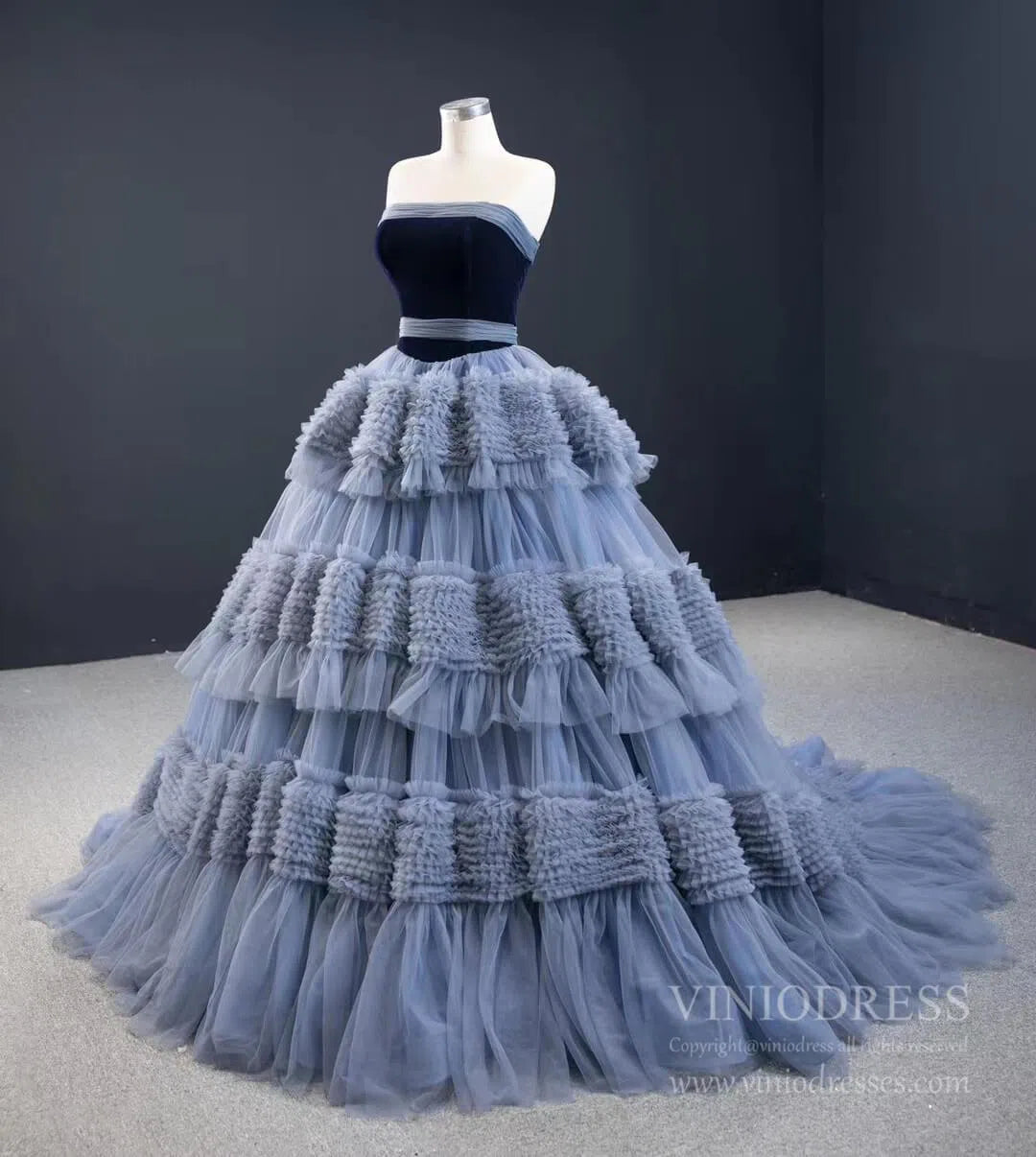 Strapless Dusty Blue Blue Quince Dress Tiered Ruffle Ball Gown Sweet 16 Dress 67119 viniodress-Quinceanera Dresses 2025 -Viniodress-Dusty Blue-Custom Size-