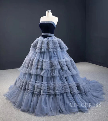 Strapless Dusty Blue Blue Quince Dress Tiered Ruffle Ball Gown Sweet 16 Dress 67119 viniodress-Quinceanera Dresses 2025 -Viniodress-Dusty Blue-Custom Size-