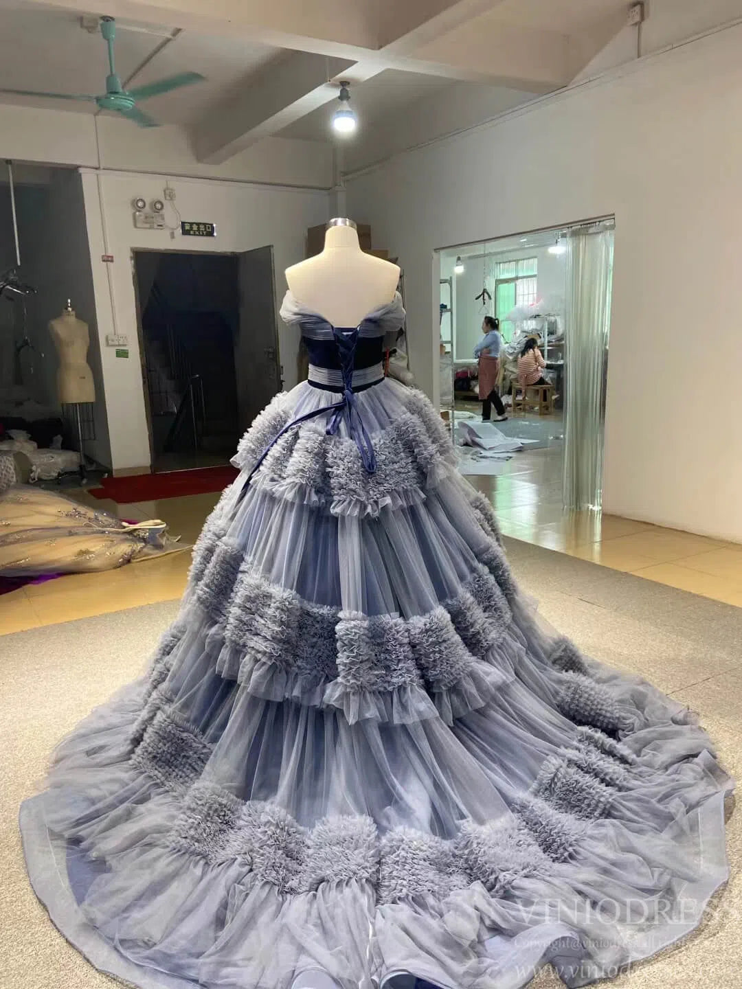 Strapless Dusty Blue Blue Quince Dress Tiered Ruffle Ball Gown Sweet 16 Dress 67119 viniodress-Quinceanera Dresses 2025 -Viniodress-Dusty Blue-Custom Size-