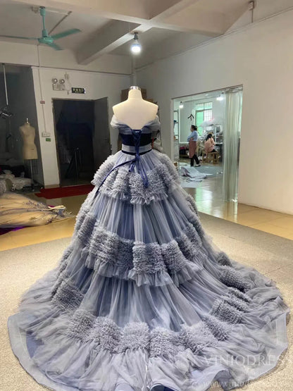 Strapless Dusty Blue Blue Quince Dress Tiered Ruffle Ball Gown Sweet 16 Dress 67119 viniodress-Quinceanera Dresses 2025 -Viniodress-Dusty Blue-Custom Size-