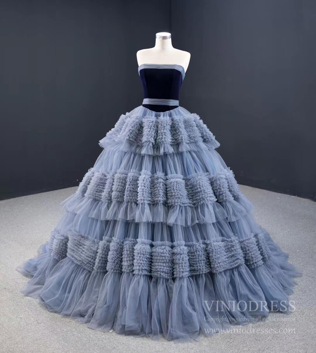 Prom Dress 2025 Strapless Dusty Blue Blue Quince Dress Tiered Ruffle Ball Gown Sweet 16 Dress 67119 viniodress-unique Quinceanera Dresses-Dusty Blue-Custom Size-Viniodress