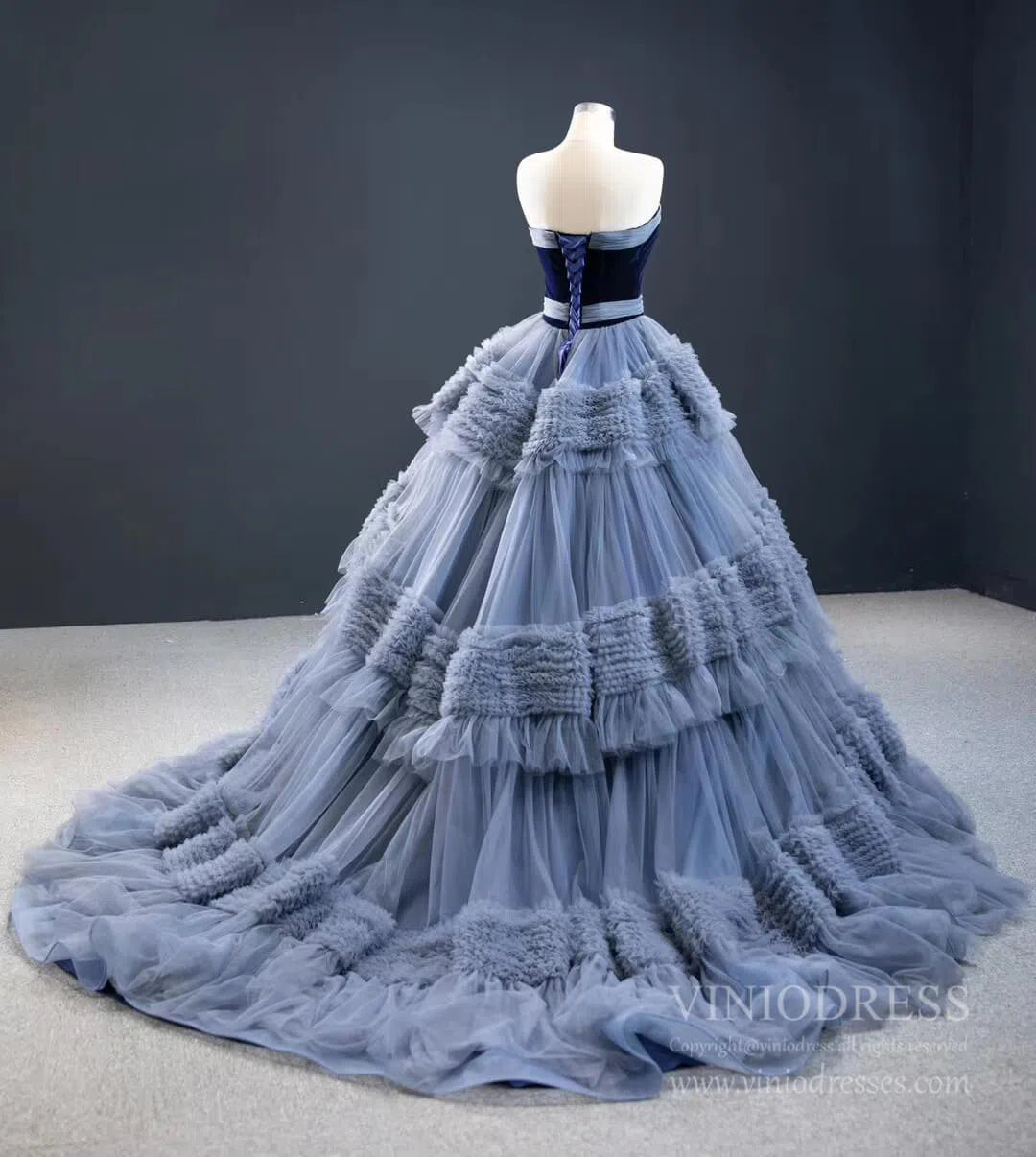 Quinceanera Dresses 2025 Strapless Dusty Blue Blue Quince Dress Tiered Ruffle Ball Gown Sweet 16 Dress 67119 viniodress-plus size wedding dresses Viniodress-Dusty Blue-Custom Size-