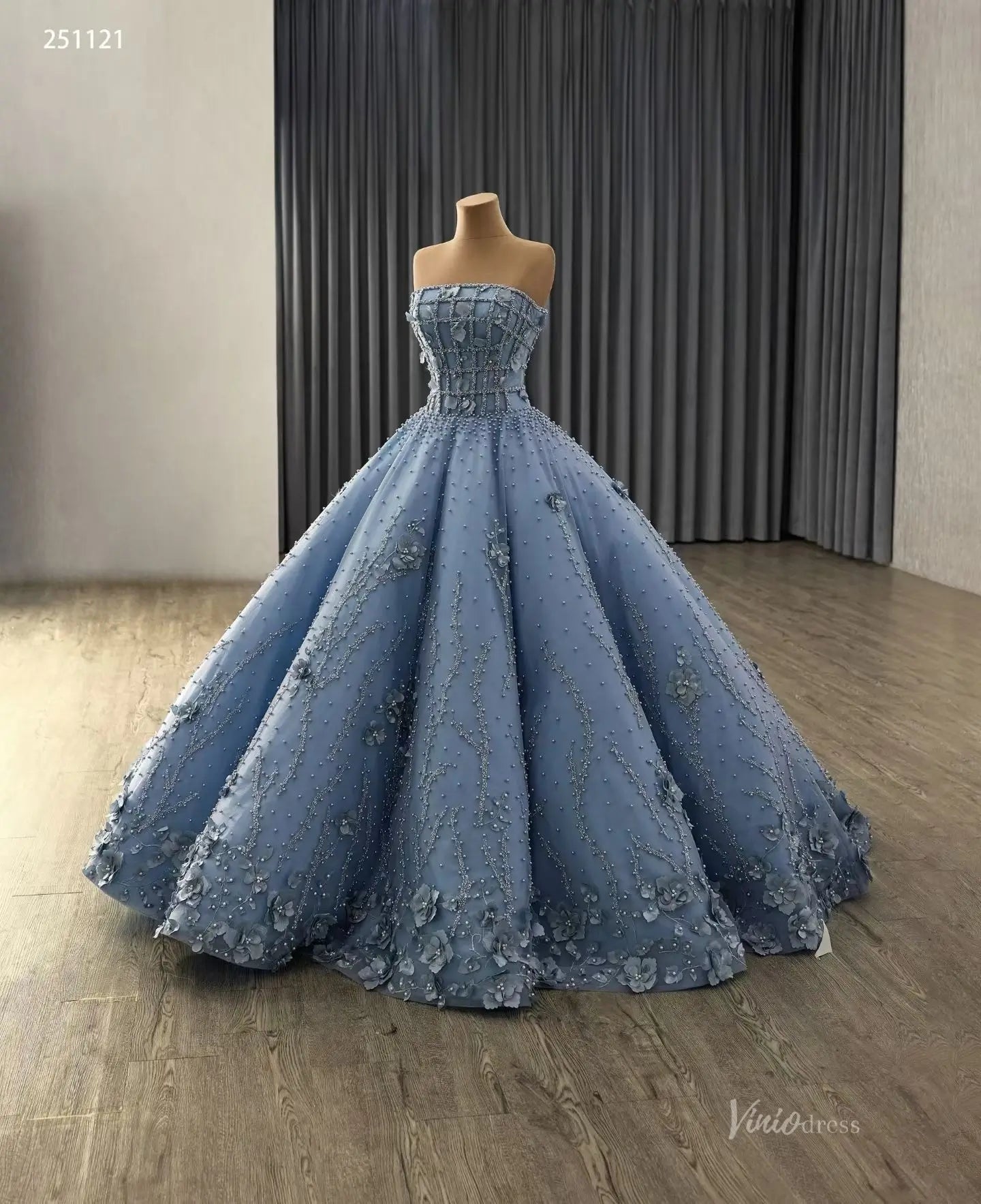 Strapless Dusty Blue Quinceañera Dress | 3D Flower Ball Gown with Pearls, Sweep Train 251121-Quinceanera Dresses 2025 -Viniodress-Dusty Blue-Custom Size-