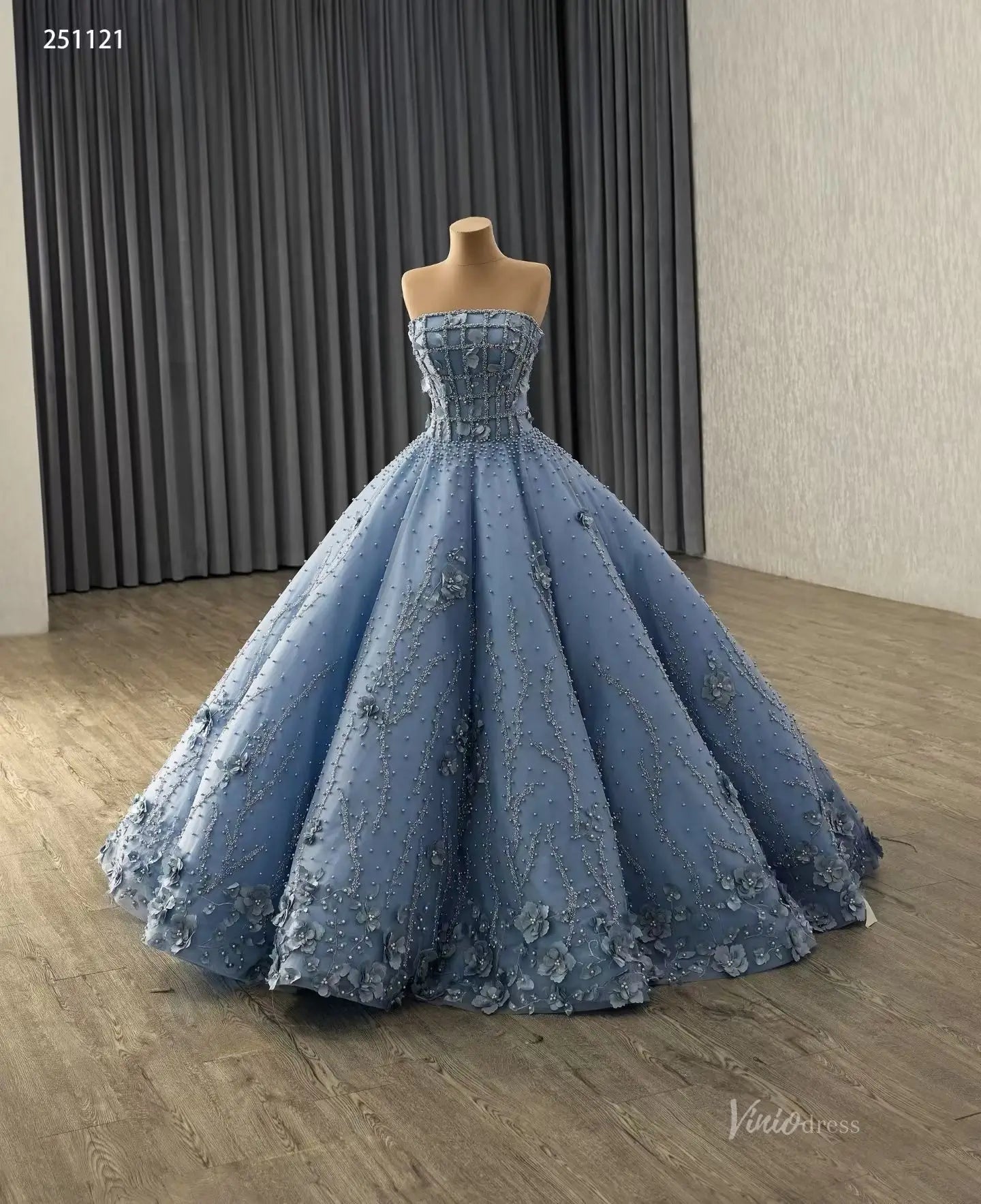 Strapless Dusty Blue Quinceañera Dress | 3D Flower Ball Gown with Pearls, Sweep Train 251121-Quinceanera Dresses 2025 -Viniodress-Dusty Blue-Custom Size-