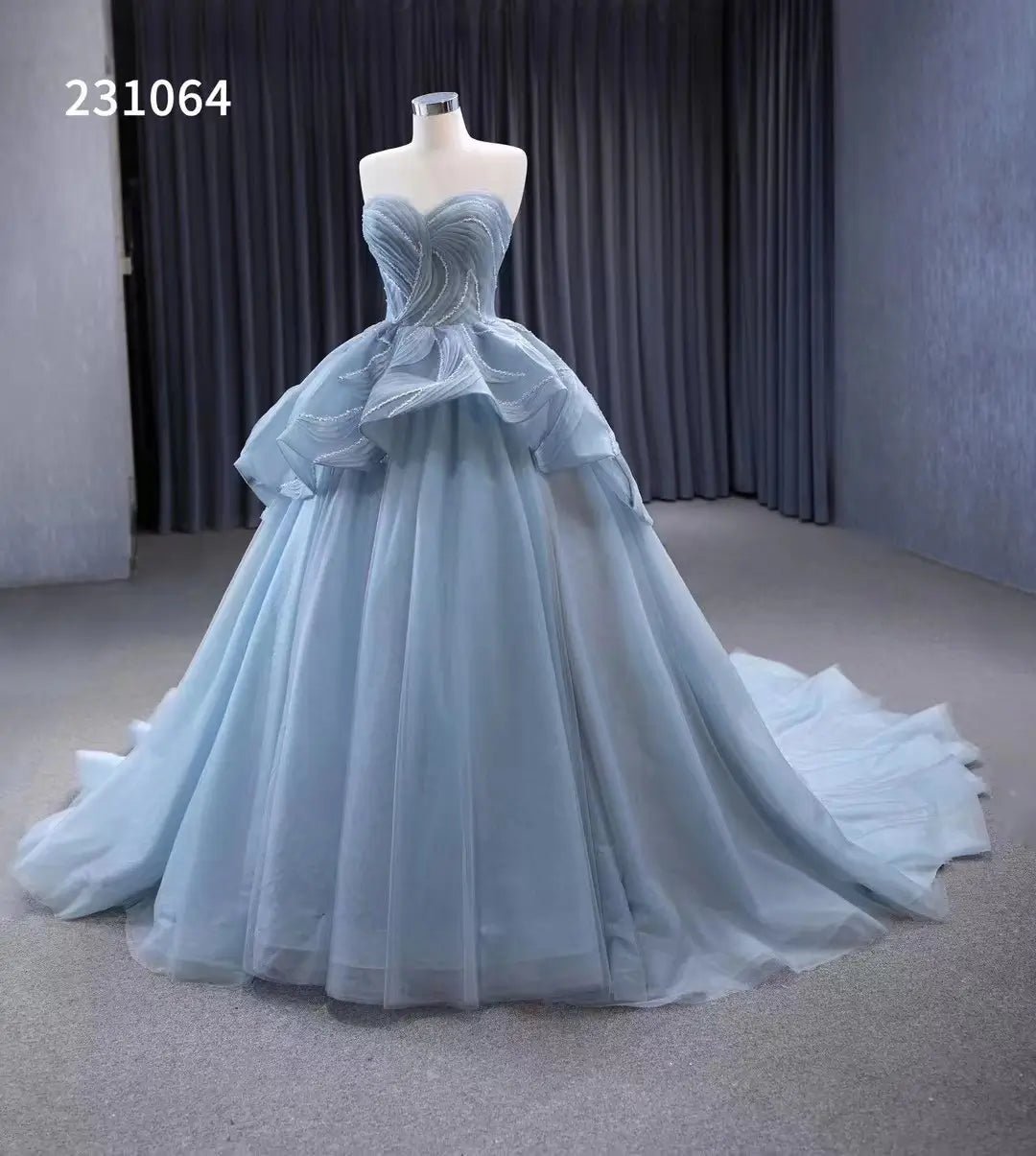Strapless Dusty Blue Quinceanera Dresses Corset Back Gown 1 Meter Train 231064-Quinceanera Dresses 2025 -Viniodress-Dusty Blue-Custom Size-