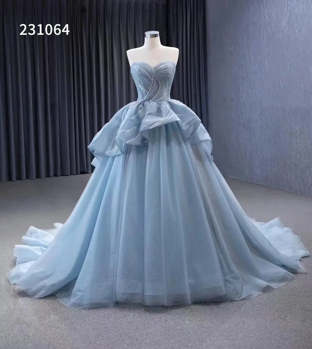Strapless Dusty Blue Quinceanera Dresses Corset Back Gown 1 Meter Train 231064-Quinceanera Dresses 2025 -Viniodress-Dusty Blue-Custom Size-