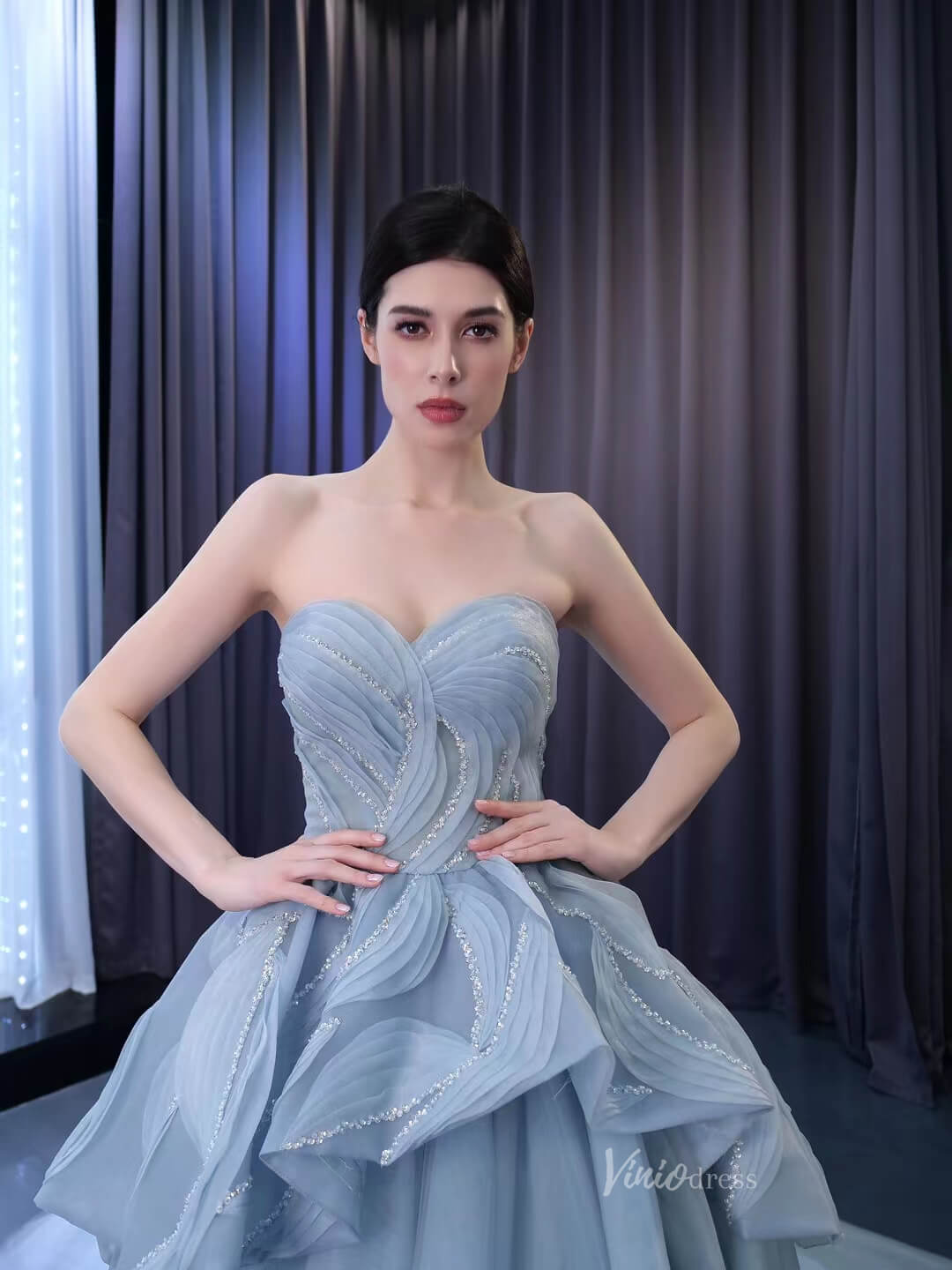 Strapless Dusty Blue Tulle Sweet 16 Ball Gowns Wedding Dresses 231064-Quinceanera Dresses 2025 -Viniodress-Dusty Blue-Custom Size-