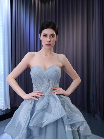 Strapless Dusty Blue Tulle Sweet 16 Ball Gowns Wedding Dresses 231064-Quinceanera Dresses 2025 -Viniodress-Dusty Blue-Custom Size-