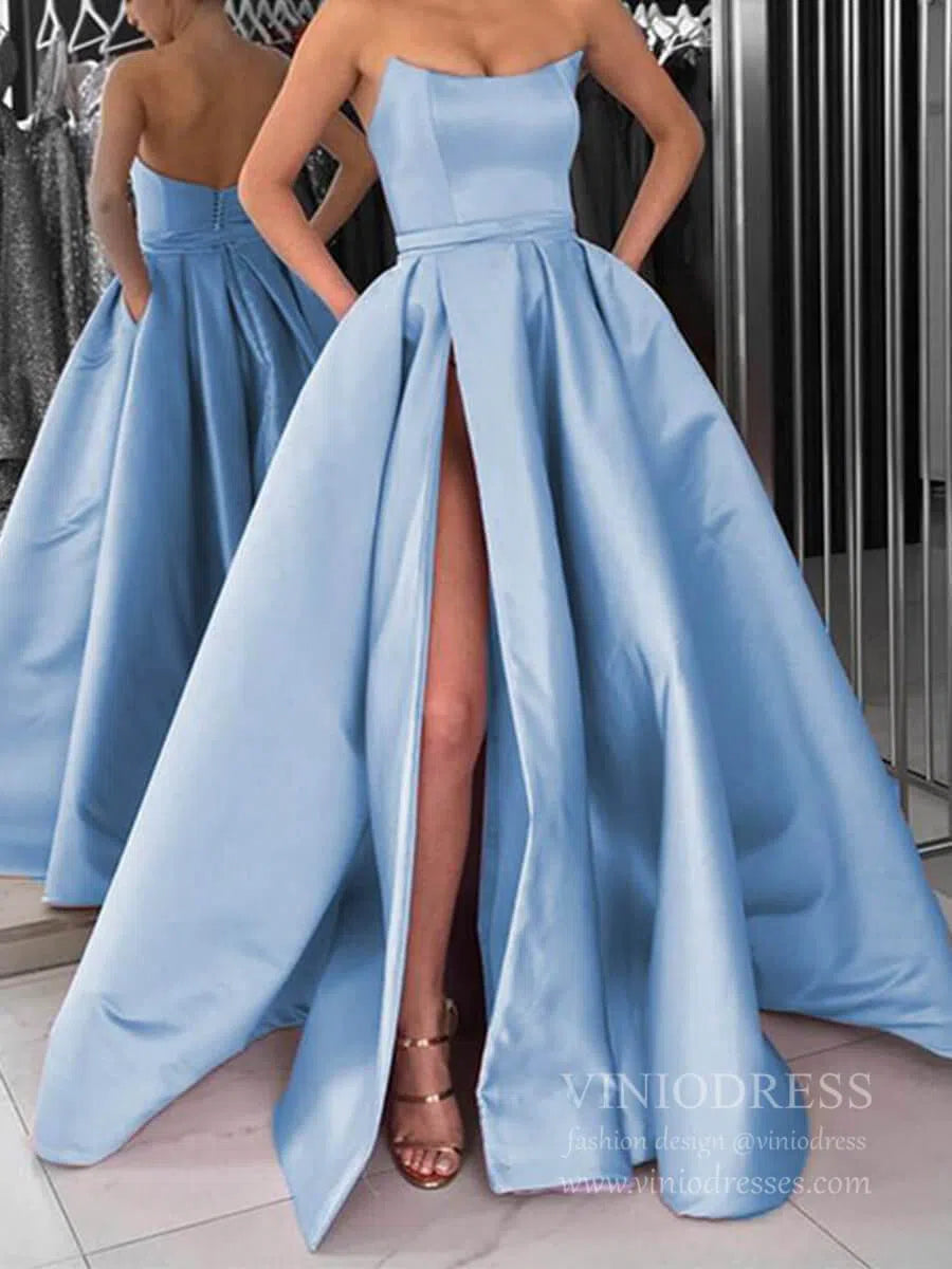 Prom Dress 2025 Cheap Strapless Dusty Rose Long Prom Dresses with Pockets FD1501-unique prom dresses-Light Blue-Custom Size-Viniodress