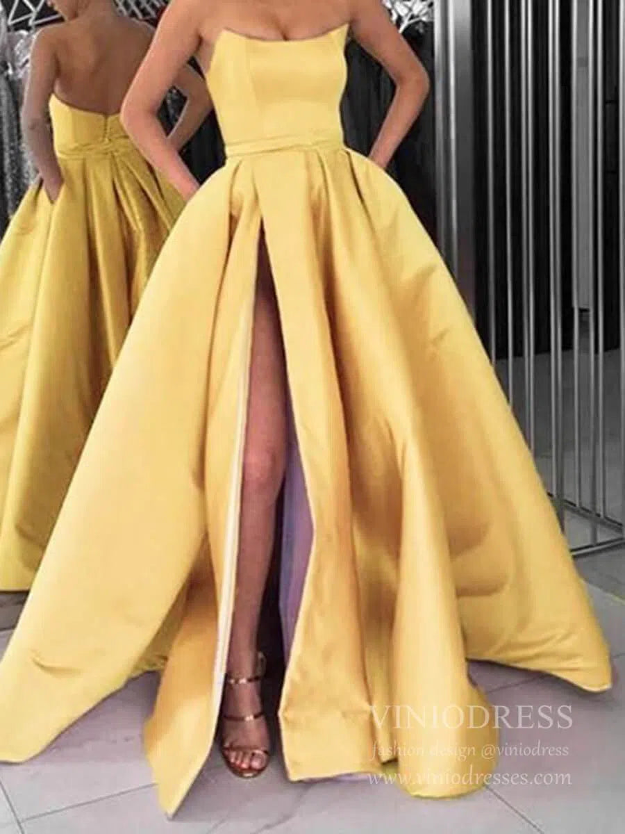 Prom Dress 2025 Cheap Strapless Dusty Rose Long Prom Dresses with Pockets FD1501-unique prom dresses-Yellow-Custom Size-Viniodress