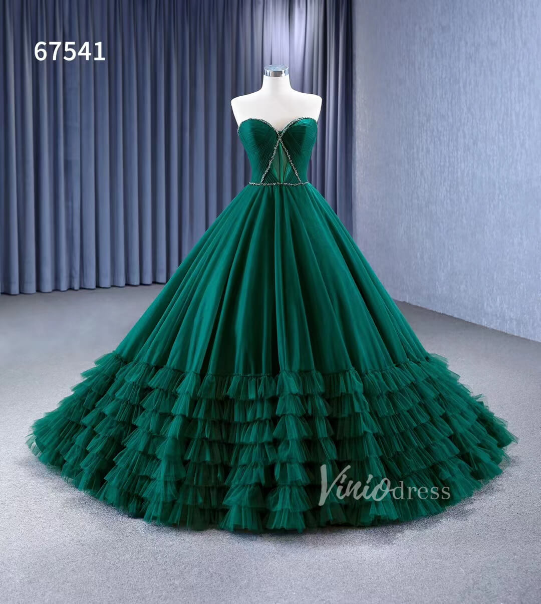 Strapless Emerald Green Ruffle Tulle Wedding Dresses Ruffled Pageant Gown 67541-wedding dresses 2025 -Viniodress-Emerald Green-Custom Size-