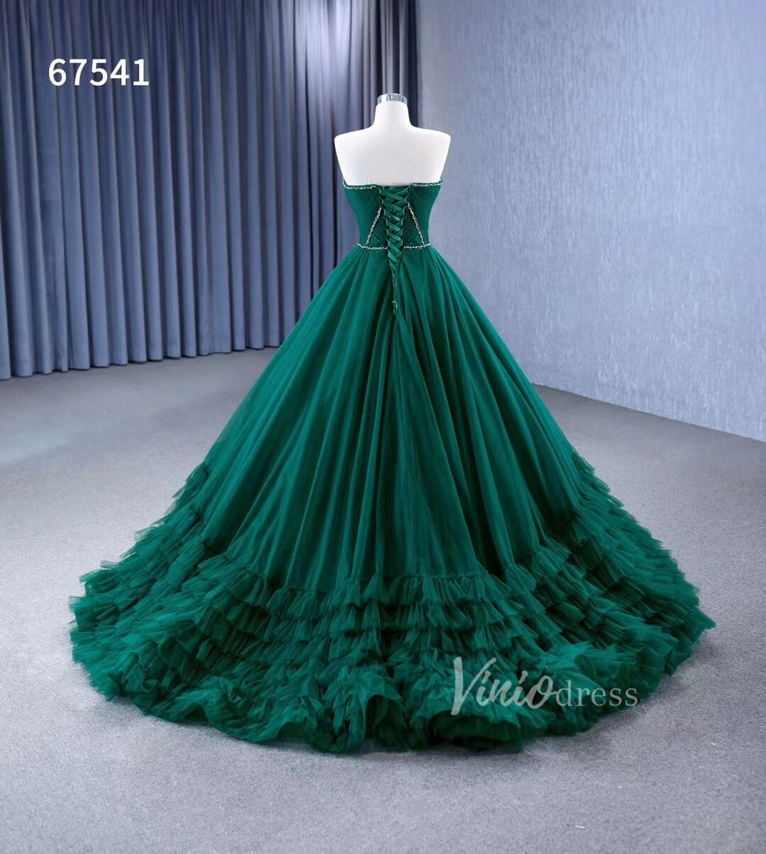 Prom Dress 2025 Strapless Emerald Green Ruffle Tulle Wedding Dresses Ruffled Pageant Gown 67541-unique wedding dresses-Emerald Green-Custom Size-Viniodress