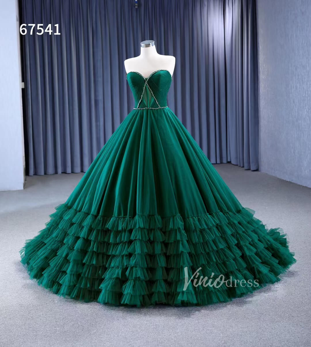 Prom Dress 2025 Strapless Emerald Green Ruffle Tulle Wedding Dresses Ruffled Pageant Gown 67541-unique wedding dresses-Emerald Green-Custom Size-Viniodress