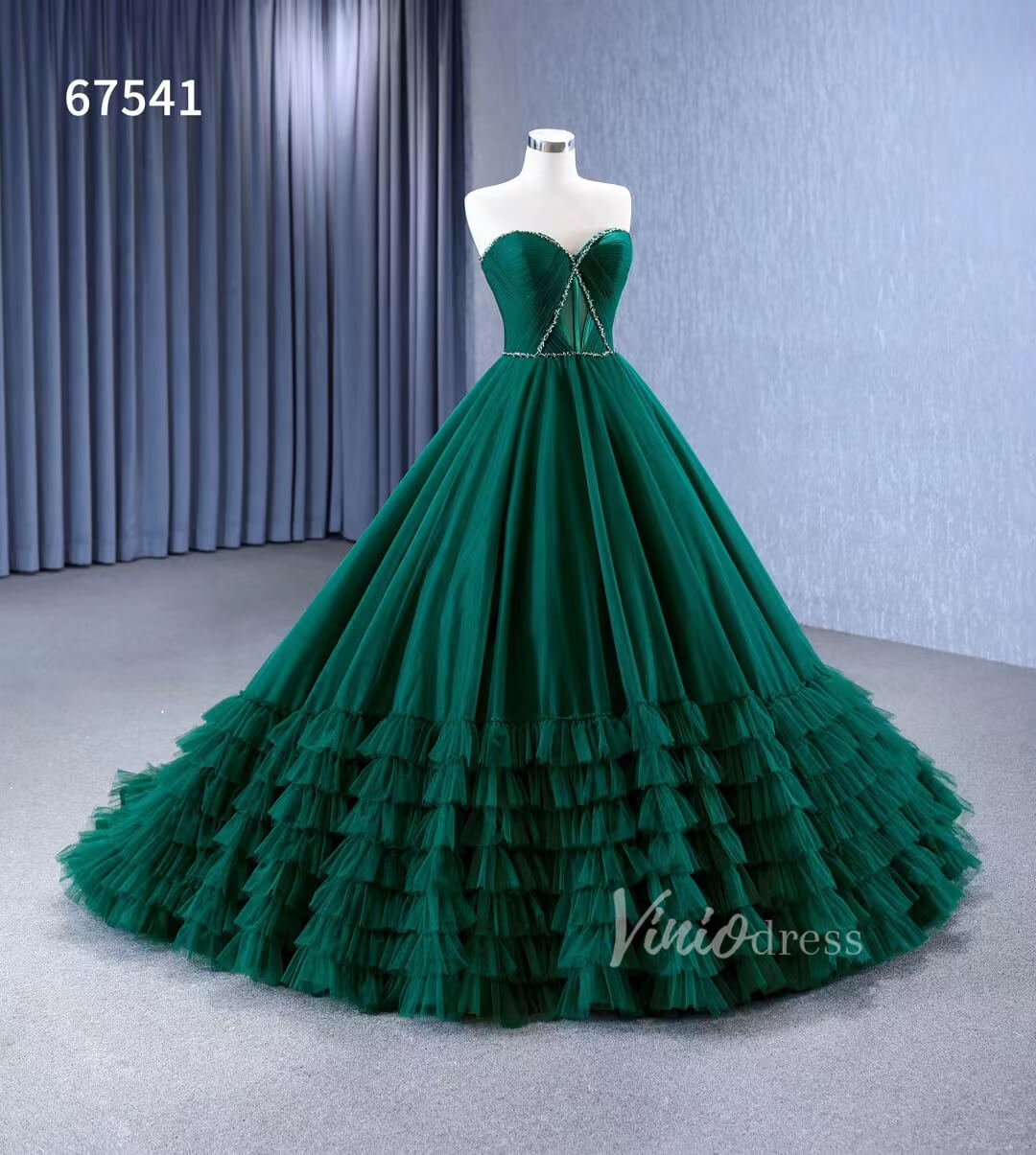 Prom Dress 2025 Strapless Emerald Green Ruffle Tulle Wedding Dresses Ruffled Pageant Gown 67541-unique wedding dresses-Emerald Green-Custom Size-Viniodress