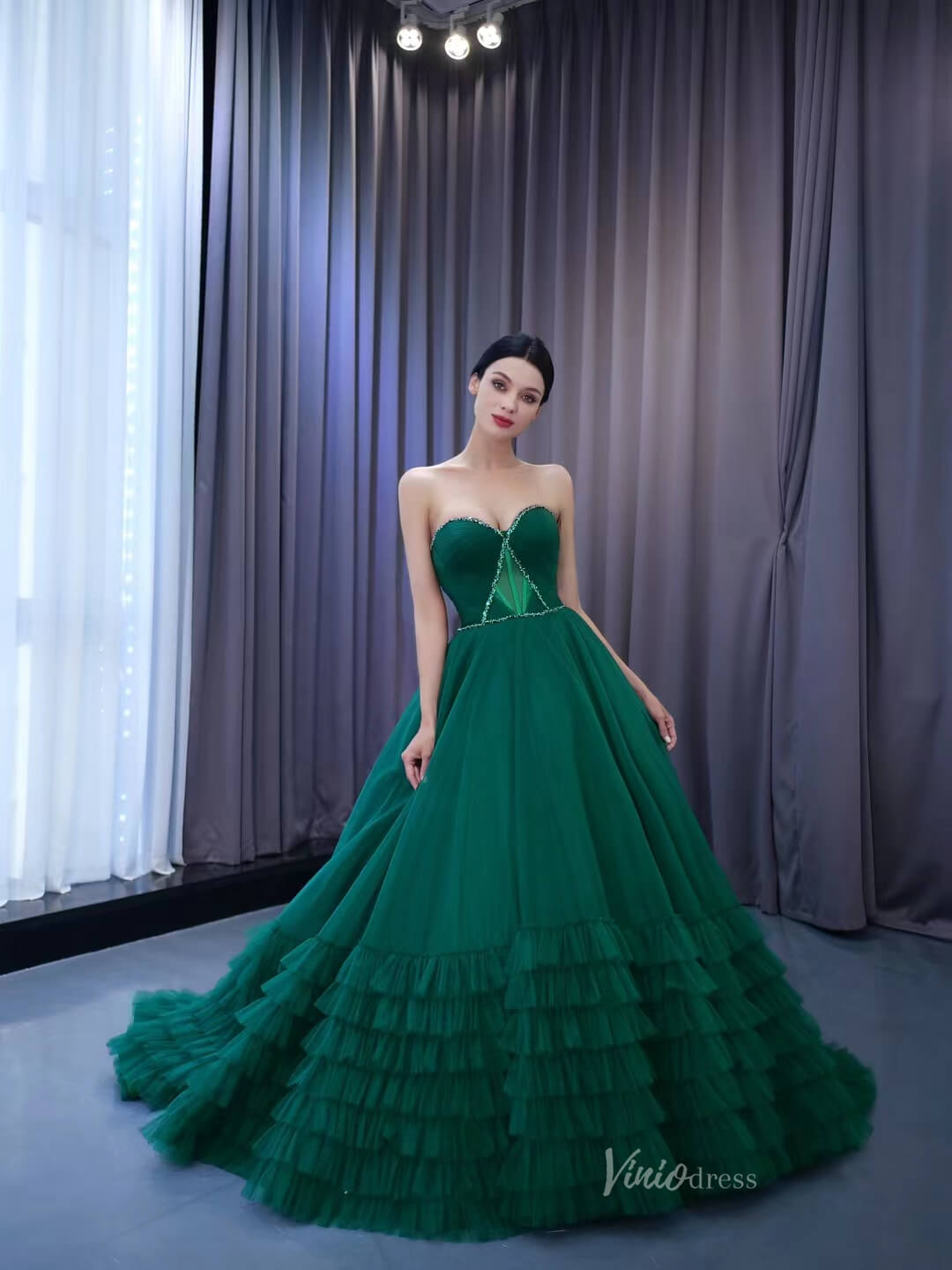 Prom Dress 2025 Strapless Emerald Green Ruffle Tulle Wedding Dresses Ruffled Pageant Gown 67541-unique wedding dresses-Emerald Green-Custom Size-Viniodress