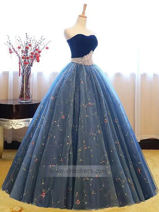 Strapless Floral Ball Gowns Blue Lace Prom Dresses FD1024 viniodress-prom dresses 2025 -Viniodress-Blue-Custom Size-
