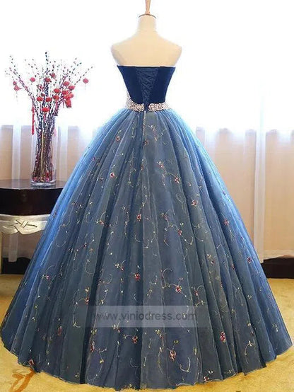 Strapless Floral Ball Gowns Blue Lace Prom Dresses FD1024 viniodress-prom dresses 2025 -Viniodress-Blue-Custom Size-