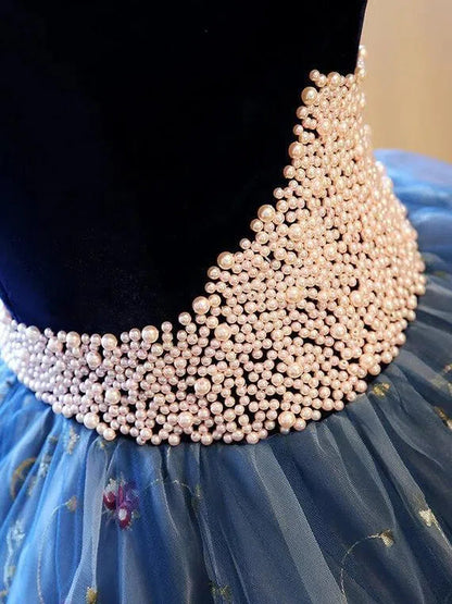 Strapless Floral Ball Gowns Blue Lace Prom Dresses FD1024 viniodress-prom dresses 2025 -Viniodress-Blue-Custom Size-