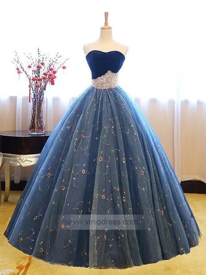 Strapless Floral Ball Gowns Blue Lace Prom Dresses FD1024 viniodress-prom dresses 2025 -Viniodress-Blue-Custom Size-