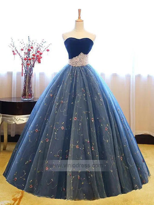 Strapless Floral Ball Gowns Blue Lace Prom Dresses FD1024 viniodress-prom dresses 2025 -Viniodress-Blue-Custom Size-