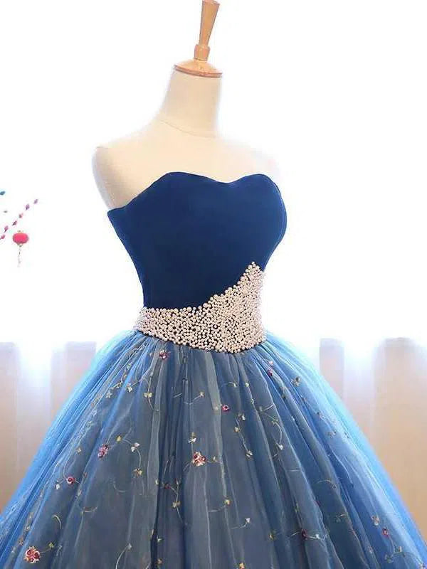 Prom Dress 2025 Strapless Floral Ball Gowns Blue Lace Prom Dresses FD1024 viniodress-unique prom dresses-Blue-Custom Size-Viniodress