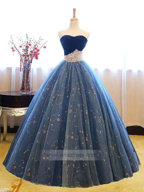 Strapless Floral Ball Gowns Blue Lace Prom Dresses FD1024 viniodress-prom dresses-Viniodress-Blue-Custom Size-Viniodress